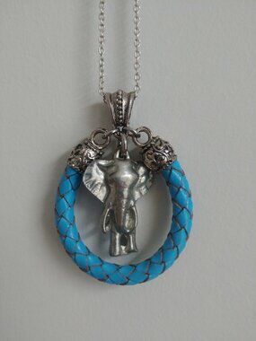 Elephant pendant necklace short silver collar chain turquoise leather br…
